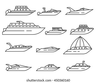 water transport set. Yacht, ship and motor boats collection. various types of maritime transport. Thin line design