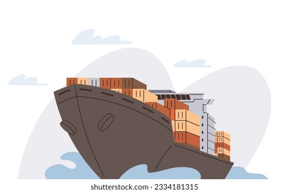 Water transport for shipping, worldwide delivery. Loaded container cargo ship for freight export delivery. Transportation of goods, logistics, retail distribution. Transportating parcels by cargo ship