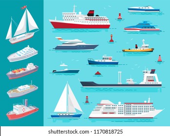 Water transport ships traveling means set vector. Sailing boat and buoys, cruise liner of big size, ferry and cargo shipment vessel on sea surface