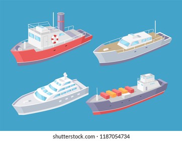 Water transport, transporting cargo in boxes, shipment and delivery of goods by sea set vector. Ferry and yacht for people passengers and voyagers