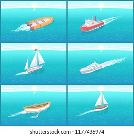 Water transport travel means boats set vector. Sailing and ships for cargo transportation, box shipments. Inflatable rubber vessel for fishing people