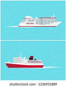 Water transport, traveling vehicles means set vector. Cruise Liner and yacht of small size, safe trip and voyage with comfortable boats and ships