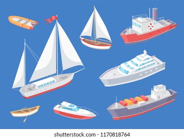 Water transport traveling vessel vector. Set of various kind of transportation means for passengers. Great distances, sailing boat and cargo ship