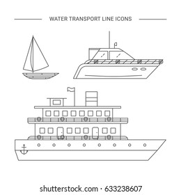 Water transport vector line icons. Sail boat, yacht, cruise ship. 
