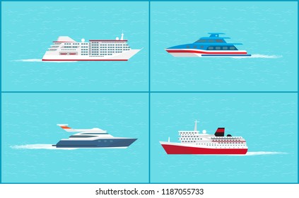 Water transport, yacht for people transportation, sea trip vessels set vector. Ships and cruise liners created for passengers comfortable voyages