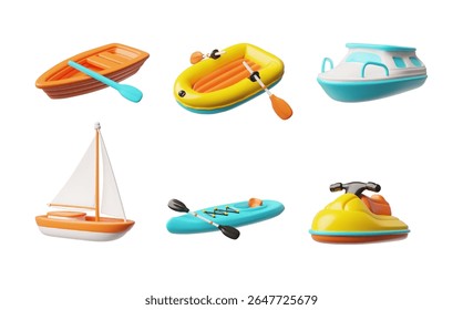 Water transportation boat types 3D plastic cartoon style vector set. Realistic small vessel, travel wooden ship with oars, fishing rowboat, motorboat, inflatable boat, sailboat and water scooter