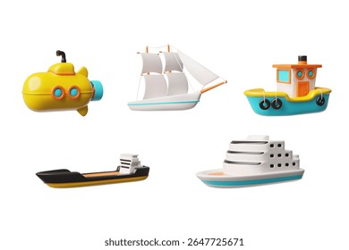 Water transportation collection 3D plastic style vector set. Cruise liner, yacht, cargo ferry, fishing boat, sail ship. Realistic cartoon travel ship, tourist vessel for marine journey, sea voyage