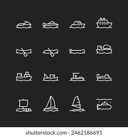 Water transportation icons, white lines on black background. Boats, motorboats, ships, yachts, tankers, submarines for work and leisure. Customizable line thickness