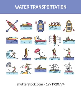 Water transportation line icons set. Isolated vector element. Outline pictograms for web page, mobile app, promo. Editable stroke.