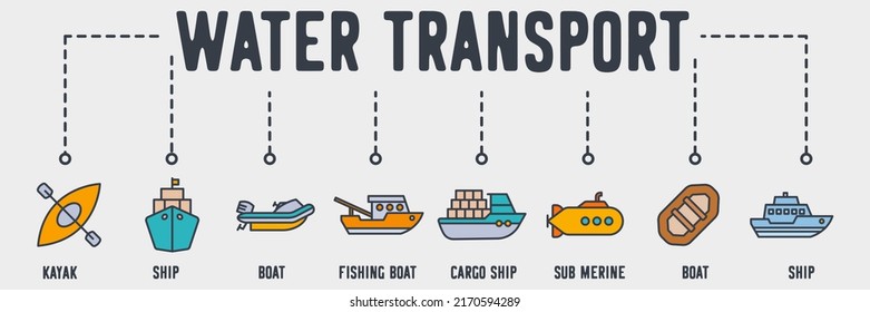 Water Transportation Web Icon. Kayak, Ship, Boat, Fishing Boat, Cargo Ship, Sub Marine, Boat, Ship Vector Illustration Concept.