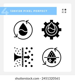 Water treatment black glyph icons set on white space Osmosis and desalination. Filtration process. Potable water. Silhouette symbols. Solid pictogram pack. Vector isolated illustration. Pixel perfect