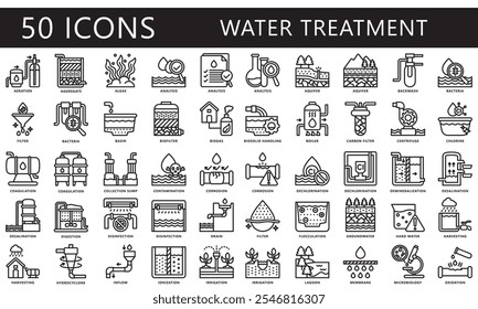 Water treatment black outline icons set. contain analysis, aquifer, corrosion, filter, drain and more. Vector EPS 10 for print, digital UI, UX kit, web and app, for industry, ecology and environment.