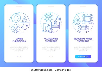 Pantalla de aplicación móvil de gradiente azul de tratamiento de agua. Recorrido de purificación 3 pasos de instrucciones gráficas con conceptos lineales. plantilla UI, UX, GUI