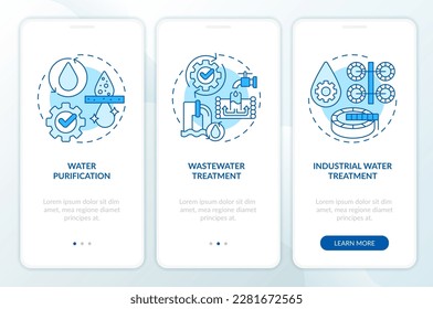 Pantalla azul de aplicación móvil de tratamiento de agua. Recorrido de purificación 3 pasos instrucciones gráficas editables con conceptos lineales. UI, UX, plantilla GUI. Multitud de tipos de letra Pro-Bold, con uso regular