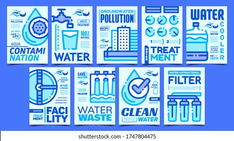 Water Treatment Collection Posters Set Vector. Clean And Contamination Water, Facility And Treatment, Cooler And Filter Advertising Banners. Concept Template Stylish Colorful Illustrations
