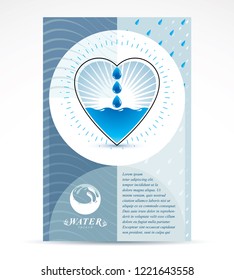 Water treatment company advertising flyer. Pure water vector abstract illustration, heart shape.