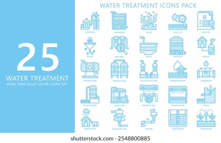 Conjunto de iconos de color de doble tono de tratamiento de agua. contiene análisis, acuífero, corrosión, Filtrar, drenaje y más. Vector EPS 10 para impresión, interfaz de usuario digital, kit UX, Web y App para la industria, la ecología y el medio ambiente