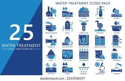 Water treatment dual tone color icons set. contain analysis, aquifer, corrosion, filter, drain and more. Vector EPS 10 for print, digital UI, UX kit, web and app for industry, ecology and environment