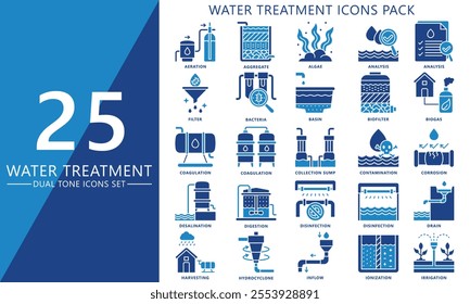 Water treatment dual tone color icons set. contain analysis, aquifer, corrosion, filter, drain and more. Vector EPS 10 for print, digital UI, UX kit, web and app for industry, ecology and environment