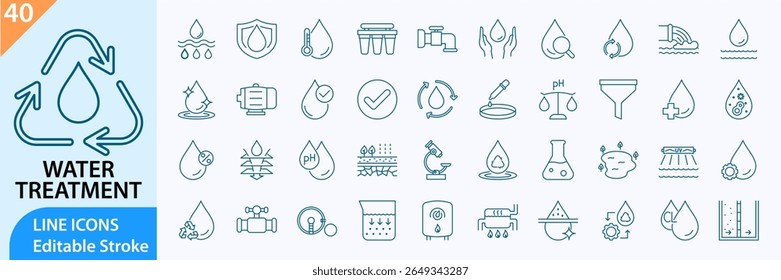 
Water treatment icon set. Water treatment line icons. Containing water filter, purification and more. Vector icons collection. Vector illustration.