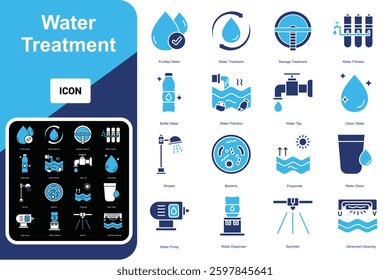 Water Treatment Icons Set, water treatment, save water, water bottle and more. line icon style. essential element illustration