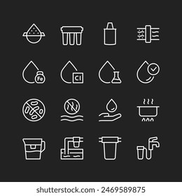 Water treatment icons, white on black background. Treatment facilities, filtration stages, equipment. Removing impurities and hazards. Customizable line thickness