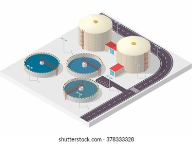 Water treatment isometric building info graphic, big bacterium purifier factory on white. Illustration scientific article. Pictogram industrial chemistry cleaner set. Flatten isolated master vector.