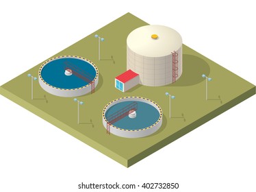 Water treatment isometric building info graphic, big bacterium purifier factory on white background. Scientific illustration. Pictogram industrial chemistry cleaner set. Flatten isolated master vector