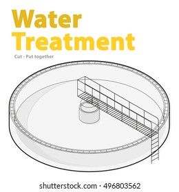Water treatment isometric building info graphic, big wire bacterium purifier factory on white background. Scientific illustration. Industrial chemistry cleaner set. Flatten isolated master vector.
