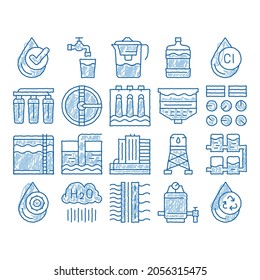 Water Treatment Items Sketch Icon Vector. Hand Drawn Blue Doodle Line Art Filter And Cleaning System Water Treatment Elements From Microbe Germs Pictograms. Rain Cloud And Pump Station Illustrations