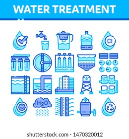 Water Treatment Items Vector Thin Line Icons Set. Filter And Cleaning System Water Treatment Elements From Microbe Germs Linear Pictograms. Rain Cloud And Pump Station Color Contour Illustrations