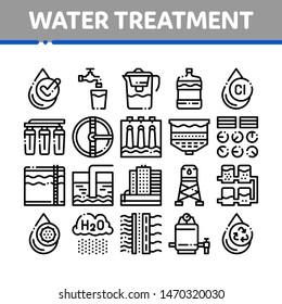 Water Treatment Items Vector Thin Line Icons Set. Filter And Cleaning System Water Treatment Elements From Microbe Germs Linear Pictograms. Rain Cloud And Pump Station Black Contour Illustrations