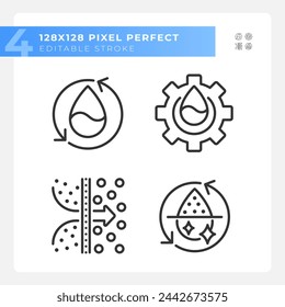 Water treatment linear icons set. Osmosis and desalination. Filtration process. Potable water. Customizable thin line symbols. Isolated vector outline illustrations. Editable stroke. Pixel perfect