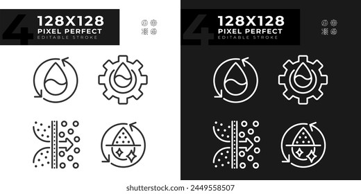 Water treatment linear icons set for dark, light mode. Osmosis and desalination. Filtration process. Thin line symbols for night, day theme. Isolated illustrations. Editable stroke. Pixel perfect