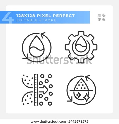 Water treatment linear icons set. Osmosis and desalination. Filtration process. Potable water. Customizable thin line symbols. Isolated vector outline illustrations. Editable stroke. Pixel perfect