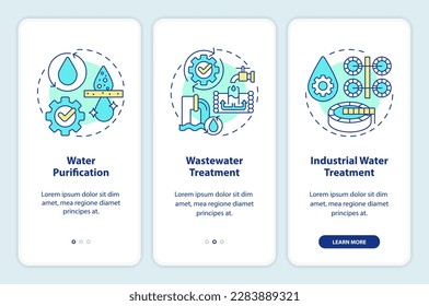 Tratamiento de agua a bordo de la pantalla de la aplicación móvil. Recorrido de purificación 3 pasos instrucciones gráficas editables con conceptos lineales. UI, UX, plantilla GUI. Multitud de tipos de letra Pro-Bold, con uso regular