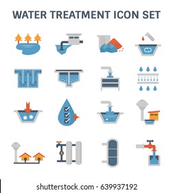 Water treatment plant building vector icon. Include wastewater purification, filtration and clean water supply. Industry system or waterworks consist of pump station, filter, sewage, sludge and tank.
