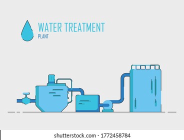 Planta de tratamiento de agua. Ingeniería de procesos. Ilustración vectorial de diseño plano. Línea discontinua