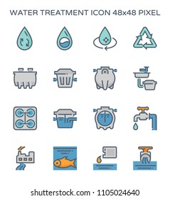 Water treatment plant and wastewater or waste water and septic tank vector icon set. That removes sewage and grease from water to improves the quality of water appropriate for drinking and supply use.