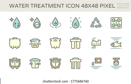 Water treatment plant and wastewater or waste water and septic tank vector icon set. That removes sewage and grease from water to improves the quality of water appropriate for drinking and supply use.