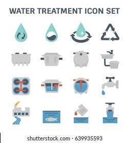 Water treatment plant and wastewater or waste water and septic tank vector icon set. That removes sewage and grease from water to improves the quality of water appropriate for drinking and supply use.