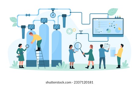 Ilustración vectorial de control de la calidad del tratamiento del agua. Personas diminutas de dibujos animados con la turbidez de la prueba de vidrio de aumento del agua tras filtración en instalaciones de plantas de depuración, proceso de verificación del equipo