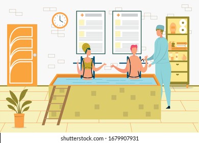 Water Treatment, Rehabilitation After Illness, Problem With Back. Man And Woman In Pool, Spinal Traction. Doctor In Uniform Helping Patient, Medical Procedure Flat Cartoon Vector Illustration.