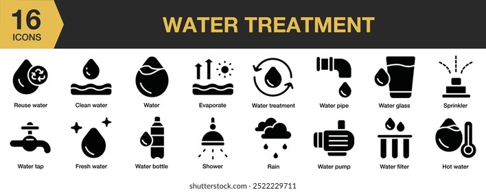 Conjunto de iconos sólidos de tratamiento de agua. Incluye agua limpia, evaporar, agua dulce, agua caliente, lluvia y más. Colección de Vector de iconos sólidos.