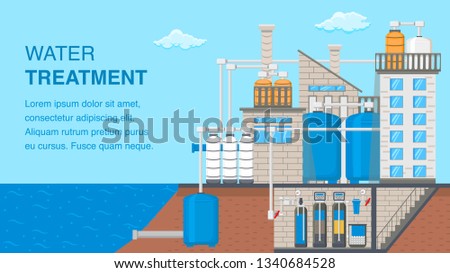 Water Treatment System Banner with Text Space. Water Purification Technology Vector Poster. Reservoir, Tank with Liquid. Sewage Filtration. Factory Building Flat Illustration. Plumbing Pipes