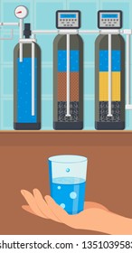 Water Treatment System Color Vector Illustration. Filter in Cut. Water Purification Technology. Hand Holding Glass with Clean Drinkable Liquid. Blue Fluid with Bubbles Pressure Gauge, Manometer