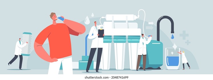 Water Treatment System, Filtration Equipment Concept. Tiny Scientist Characters Use Huge Aqua Filter Jug for Cleaning and Purification Water. Happy Man Drinking, Cartoon People Vector Illustration