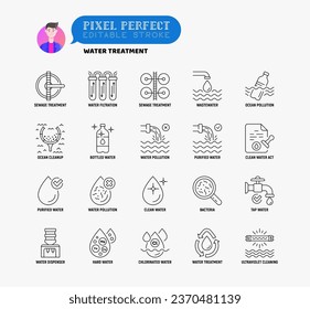 Water treatment thin line icons set: sewage treatment, water filtration, wastewater, ocean pollution, cleanup, clean water act, chlorinated, ultraviolet cleaning. Editable stroke. Vector illustration.