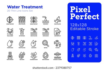 Water treatment thin line icons set: sewage treatment, water filtration, wastewater, ocean pollution, cleanup, clean water act, chlorinated, ultraviolet cleaning. Editable stroke. Vector illustration.