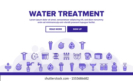 Water Treatment Vector Landing Web Page Header Banner Template Vector. Water Treatment, Professional Equipment for Purification. Antibacterial Filters, Liquid Cleaning Circles System Illustration